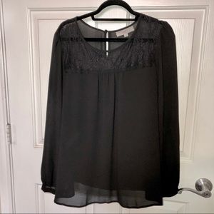 Black lace top loft silky shirt long sleeved